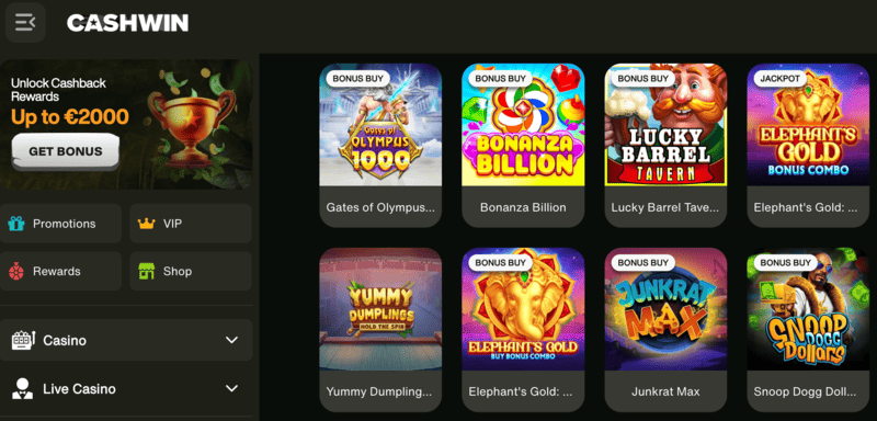 Spillelobby hos Cashwin online casino